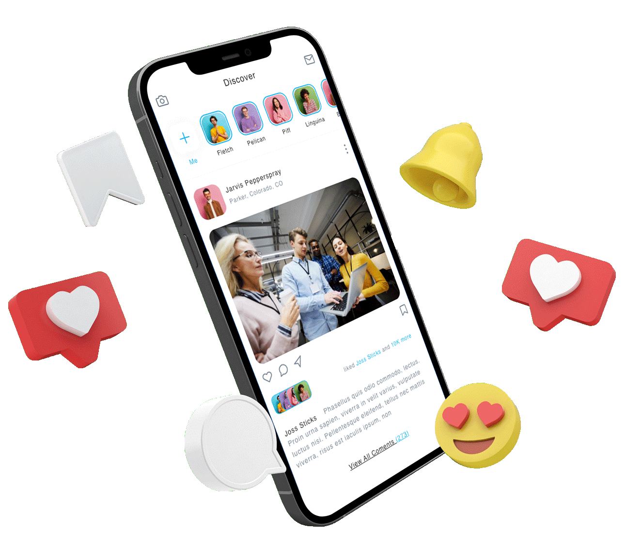 Mockup de un smartphone mostrando una red social con interacciones, emojis y notificaciones alrededor, representando la gestión profesional de redes sociales de Magenta PMD.