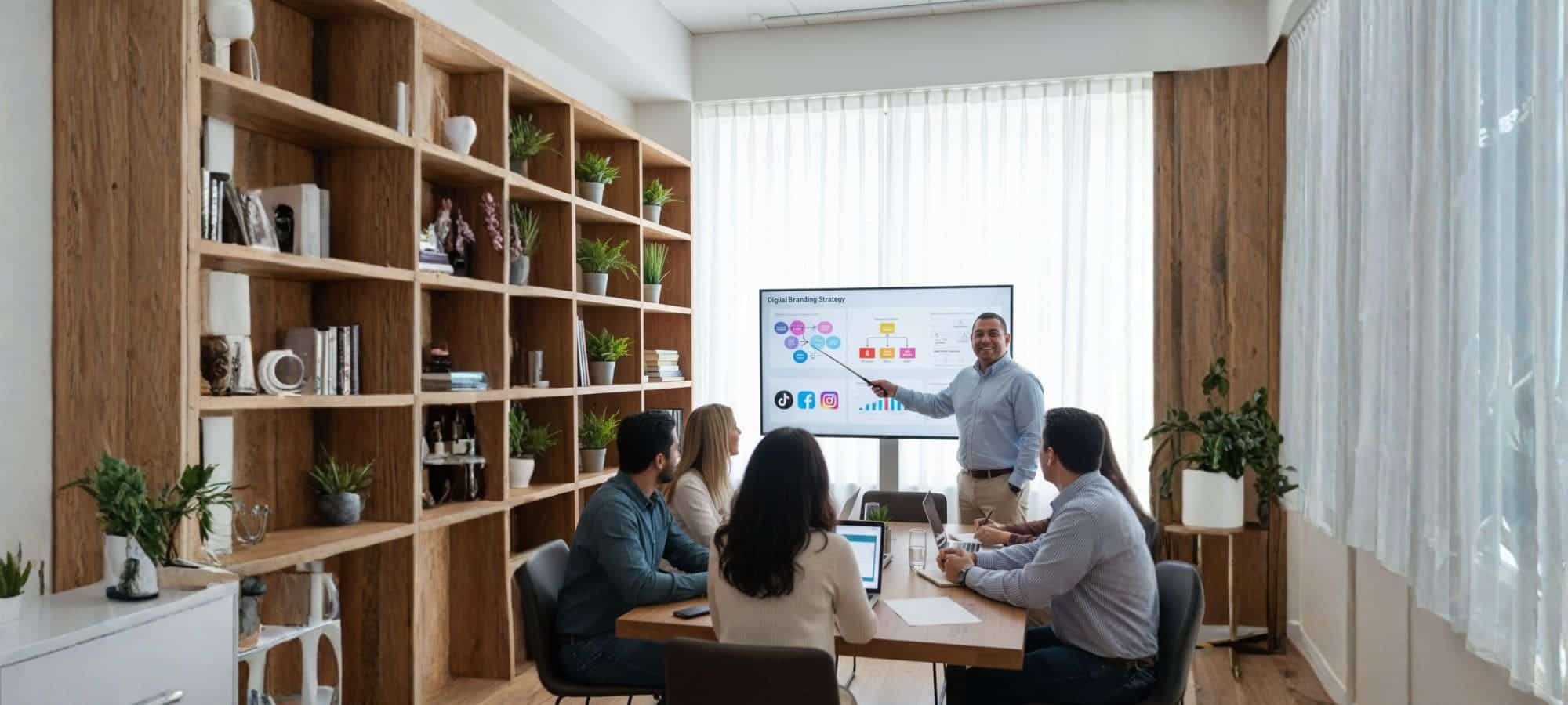 Gerente de Magenta PMD reunido con el equipo de marketing digital durante una sesión para asesorar empresas y agendar citas estratégicas