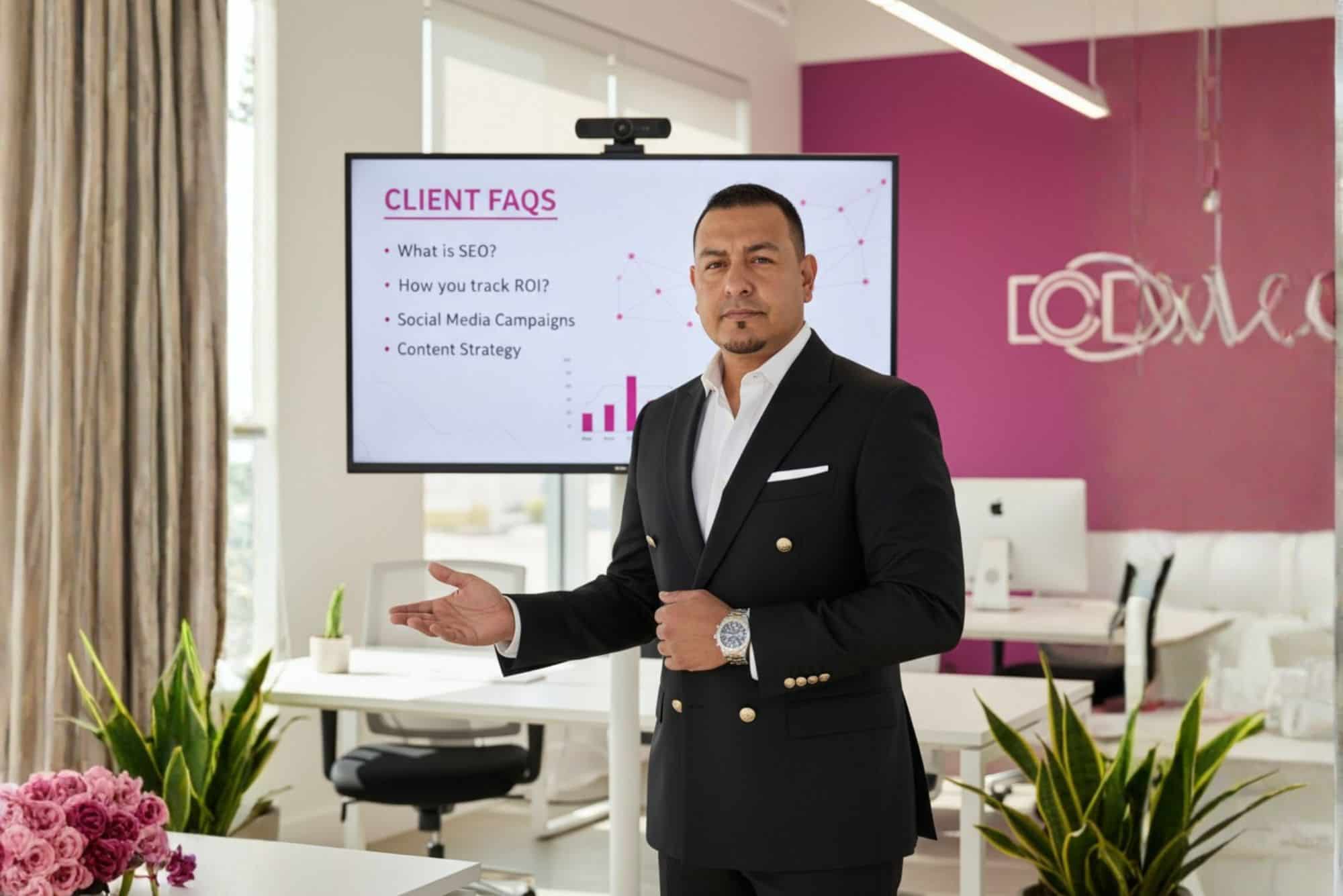 Reunión del equipo de Magenta PMD analizando estrategias de marketing digital y resultados de campañas para empresas en Colombia y LATAM