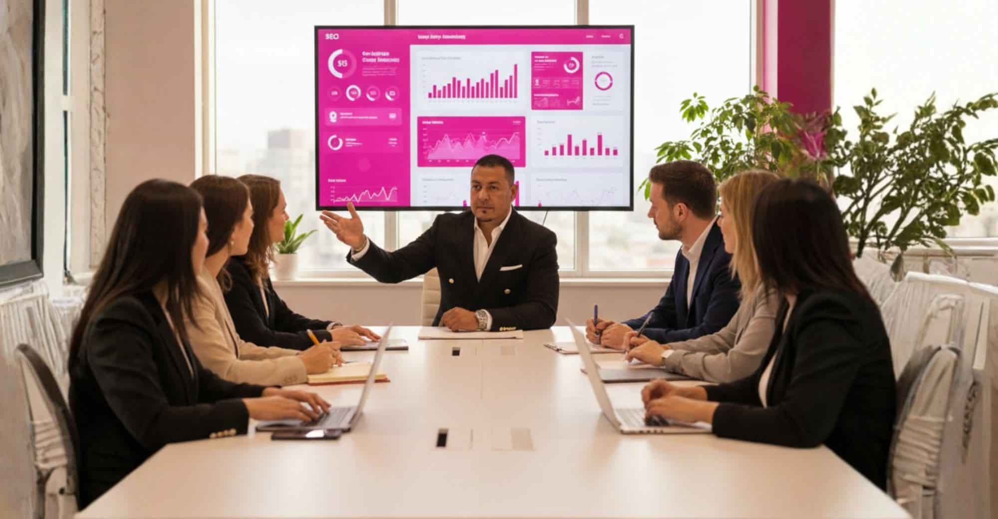 Reunión del equipo de Magenta PMD analizando estrategias de marketing digital y resultados de campañas para empresas en Colombia y latam