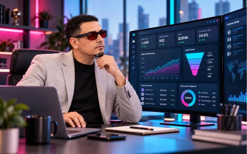 Especialista en analítica digital trabajando con paneles de datos, gráficos de rendimiento y herramientas de automatización de marketing y CRM.