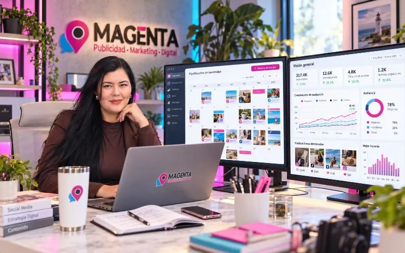 Profesional de marketing digital trabajando frente a una computadora con paneles de gestión de redes sociales, publicaciones y métricas de rendimiento.