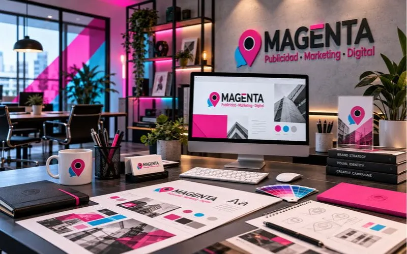 Estudio creativo de branding con aplicaciones del logotipo Magenta PMD en materiales corporativos, pantallas y elementos de identidad visual.
