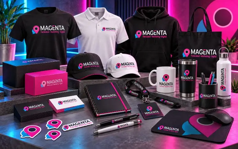 Exhibición de camisetas, gorras, tazas y artículos promocionales personalizados con la identidad visual de Magenta PMD.