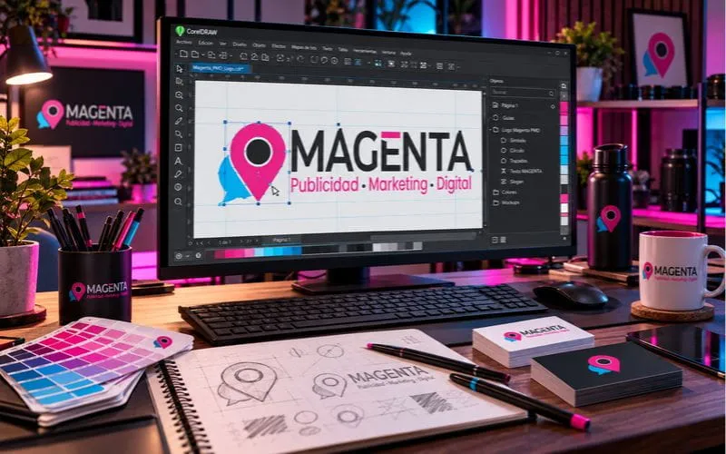 Estudio de diseño gráfico con logotipo Magenta PMD en pantalla, bocetos, muestras de colores y materiales para desarrollar identidad corporativa.