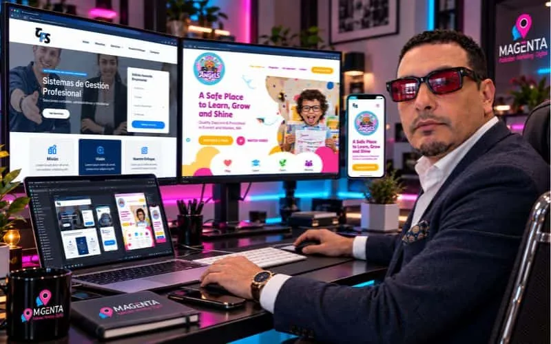 Diseñador web trabajando frente a múltiples monitores con interfaces de sitios web y tiendas online, representando el desarrollo web y ecommerce.
