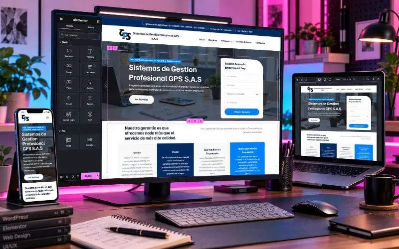 Estación de trabajo con el editor de WordPress y vistas de páginas web en diferentes dispositivos, mostrando el desarrollo de sitios web responsive.