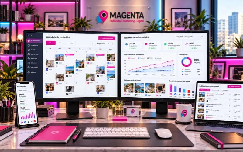 Estación de trabajo con múltiples pantallas de análisis de redes sociales, métricas de interacción, publicaciones y rendimiento de contenido digital.