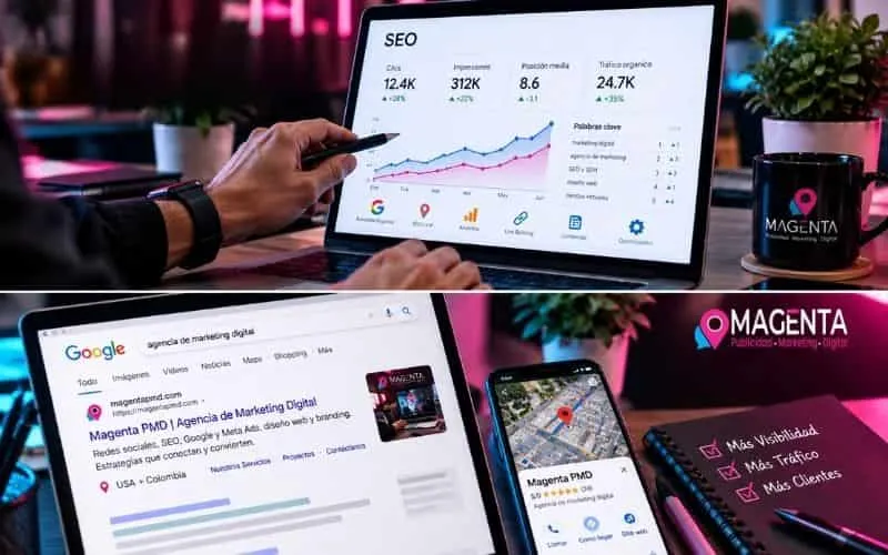 Análisis de posicionamiento SEO y GEO en pantallas con métricas de tráfico web, palabras clave y estrategias de marketing digital de Magenta PMD.