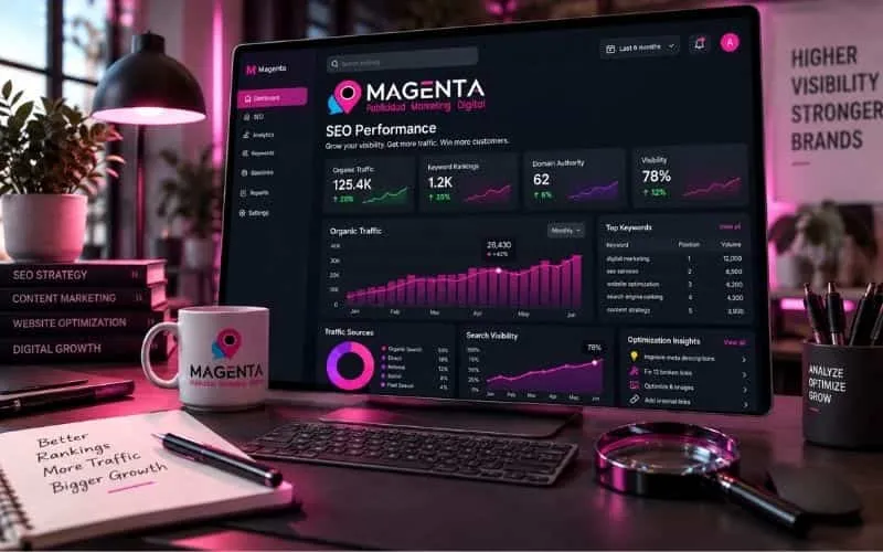 Espacio de trabajo profesional con herramientas de análisis SEO, posicionamiento web y estrategias de visibilidad digital de Magenta PMD.