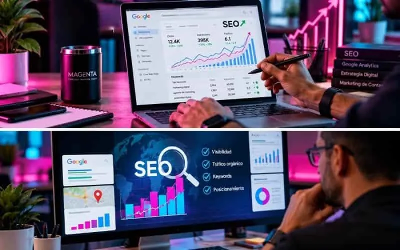 Especialista en marketing digital analizando métricas SEO, gráficos de rendimiento y posicionamiento web en múltiples pantallas de trabajo. Copiar