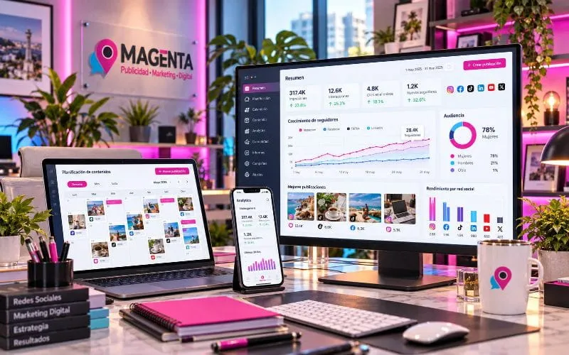 Espacio de trabajo con computadoras y pantallas que muestran calendarios de contenido, publicaciones, redes sociales y gráficos de rendimiento digital.