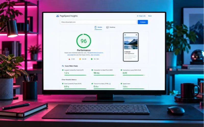 Monitor con resultados de Google PageSpeed Insights, mostrando indicadores de rendimiento, velocidad de carga y optimización de un sitio web.