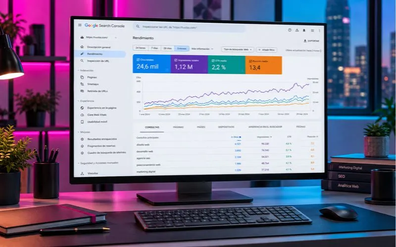 Monitor con panel de análisis de rendimiento SEO, datos de búsqueda y métricas de posicionamiento web en Google Search Console.