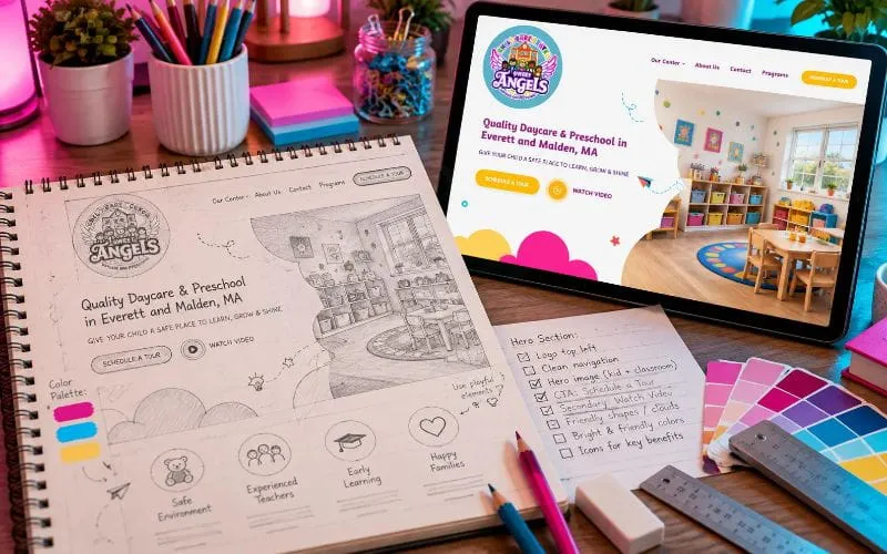 Escritorio de diseño web con bocetos de páginas, prototipos digitales y una pantalla con interfaz de sitio web para planificación UX/UI.