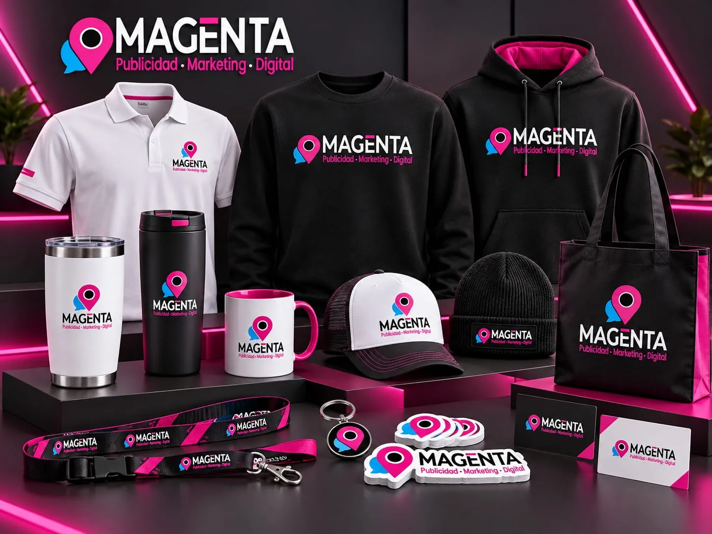 Merchandising corporativo con camisetas, hoodies, mugs, tumblers y productos personalizados de marca