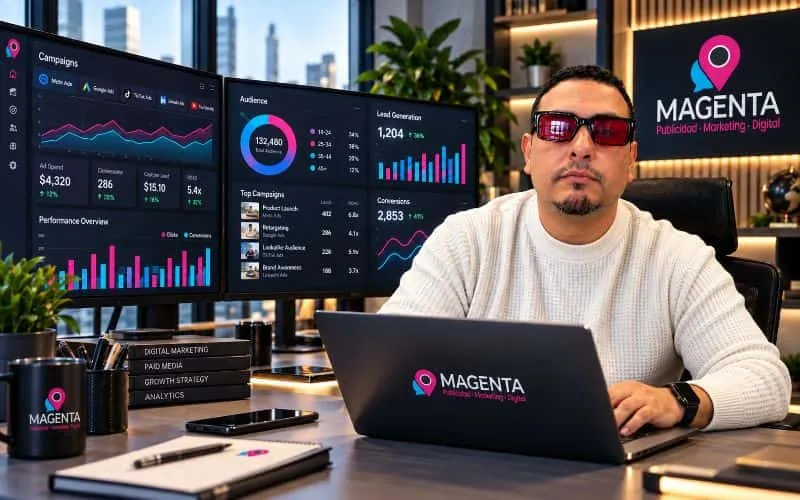 Especialista en publicidad digital trabajando con campañas de Meta Ads y Google Ads en una oficina con pantallas de análisis de marketing. Copiar