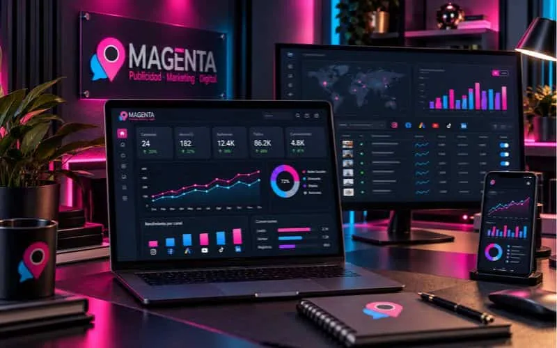 Estación de trabajo con monitores que muestran gráficos de rendimiento, estadísticas y paneles de campañas de publicidad digital Meta Ads y Google Ads.